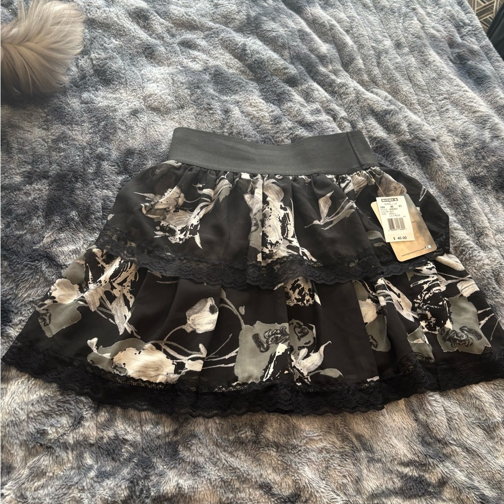 Lily Rose Black Floral Tiered Skater Skirt with Lace Trim